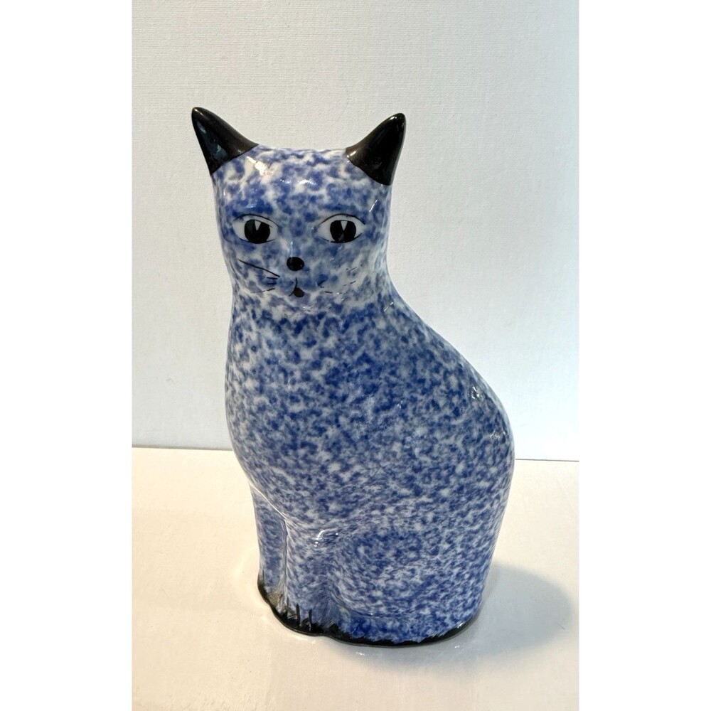 Vintage Enesco Blue Speckle Spongeware Ceramic Cat Figurine Statue 9" Country